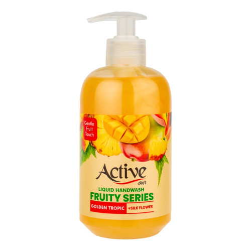 مایع دستشویی زرد صدفی اکتیو مدل Fruity series با رایحه میوه های استوایی حجم 450 میلی لیتر