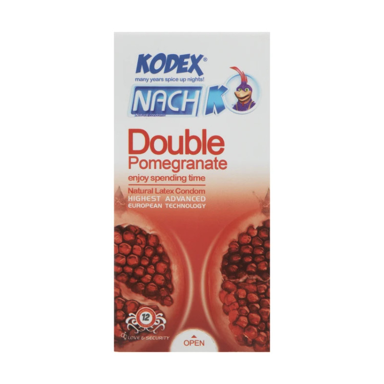 کاندوم لاتکس طبیعی ناچ کدکس مدل Double Pomegranate با عصاره انار، خاصیت تنگ کنندگی، مواد روان کننده، اسانس تحریک کننده با رایحه مطبوع، دارای مخزن ذخیره، بسته 12 عددی